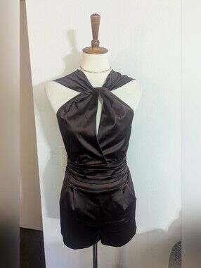 Vintage Bebe Brown Satin Halter Twist Keyhole Romper 8